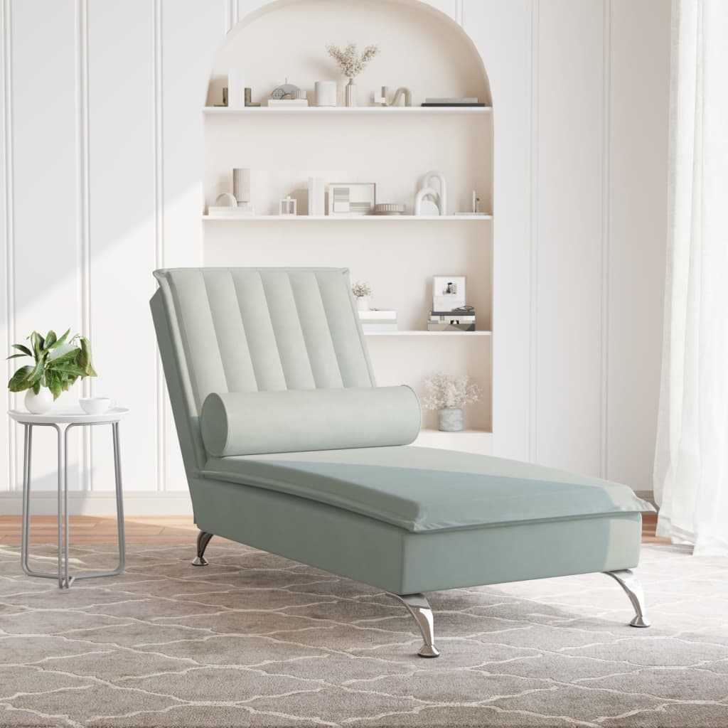 Chaise longue de massage avec traversin gris clair velours Chaises longues vidaXL   