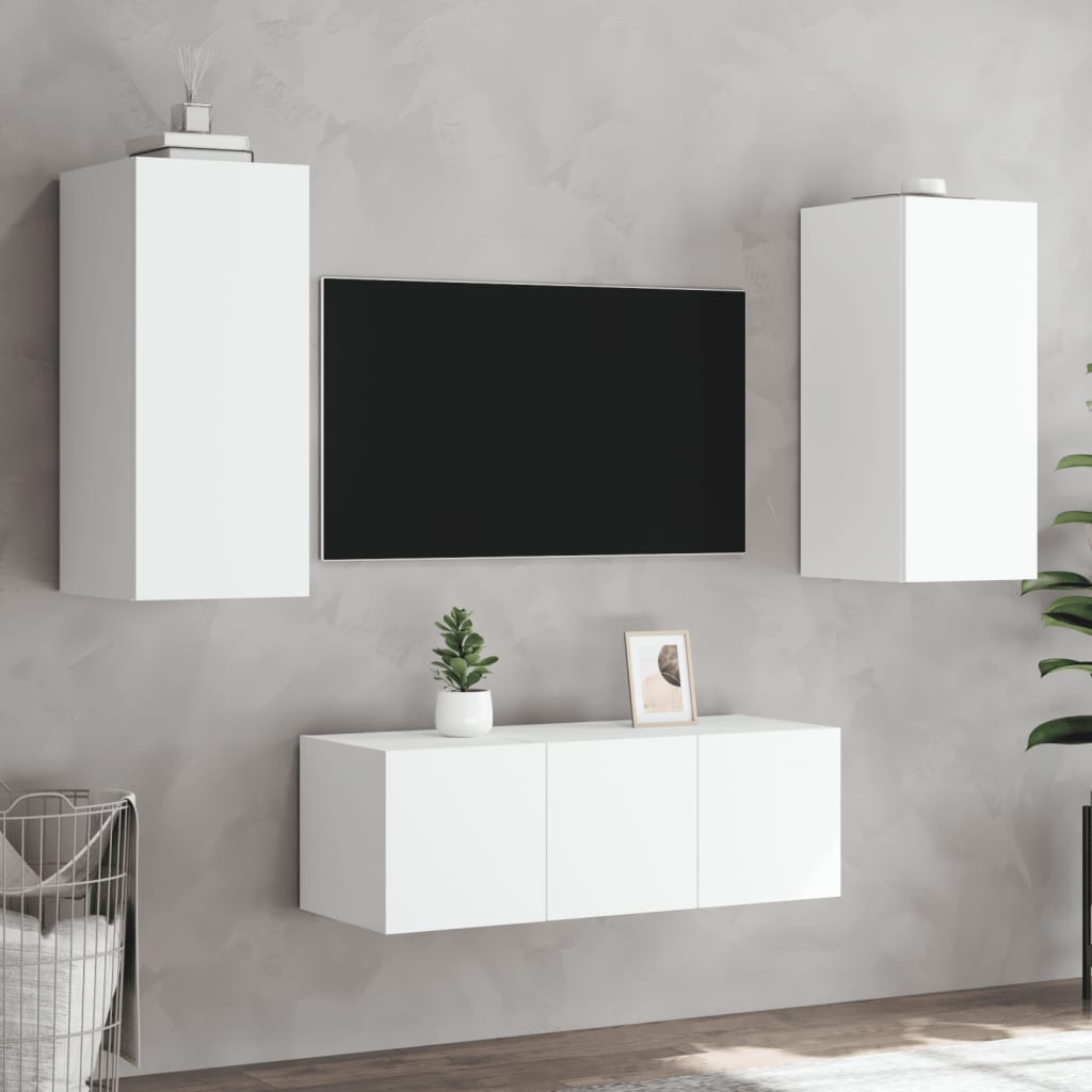 Unités murales TV avec LED 4 pcs blanc bois d'ingénierie Meubles TV vidaXL   