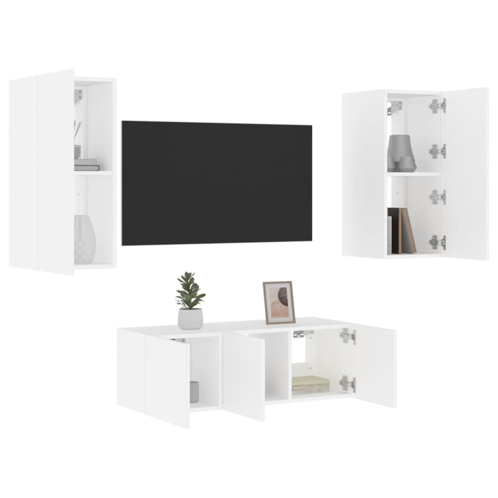 Unités murales TV avec LED 4 pcs blanc bois d'ingénierie Meubles TV vidaXL   