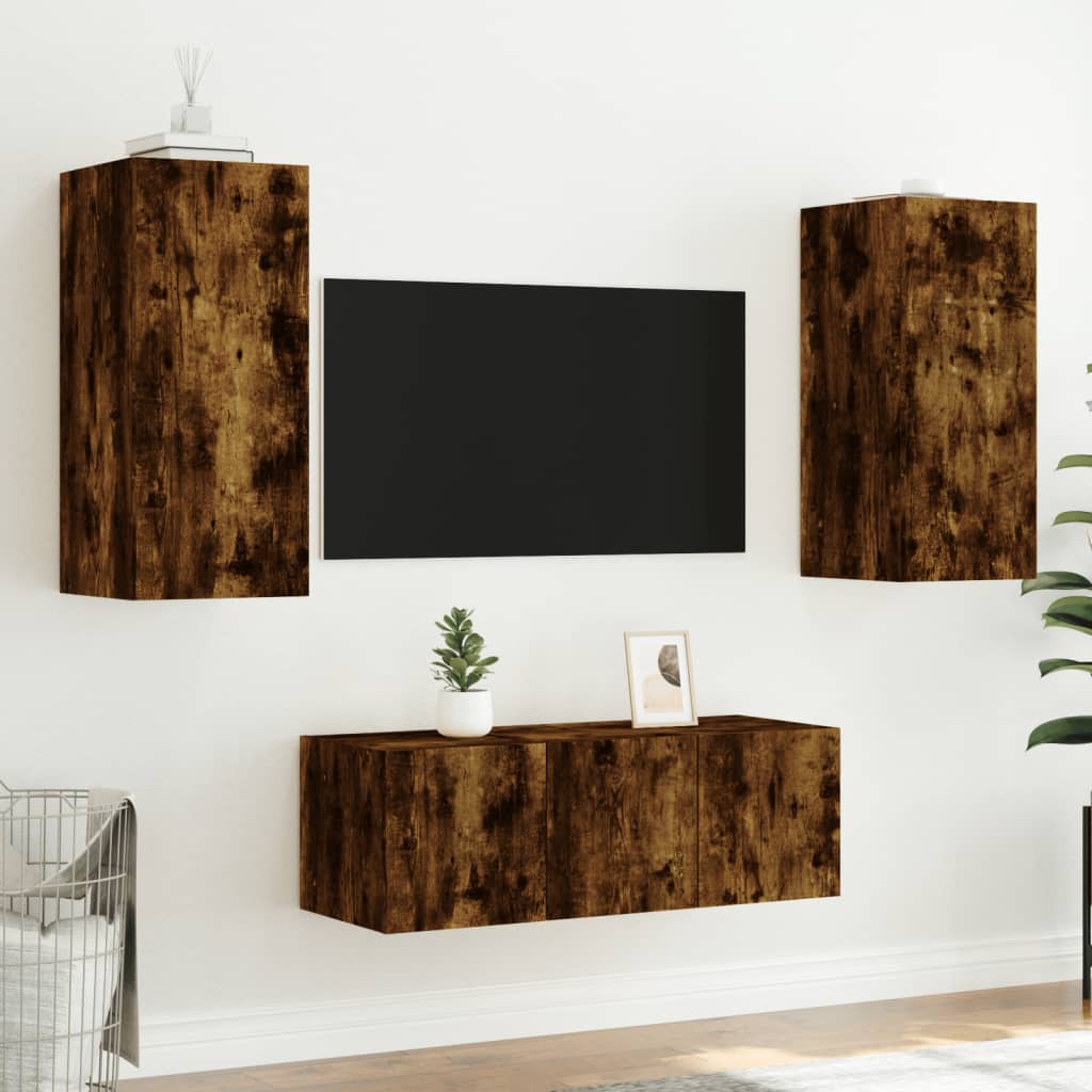 Unités murales TV avec LED 4 pcs chêne fumé bois d'ingénierie Meubles TV vidaXL   