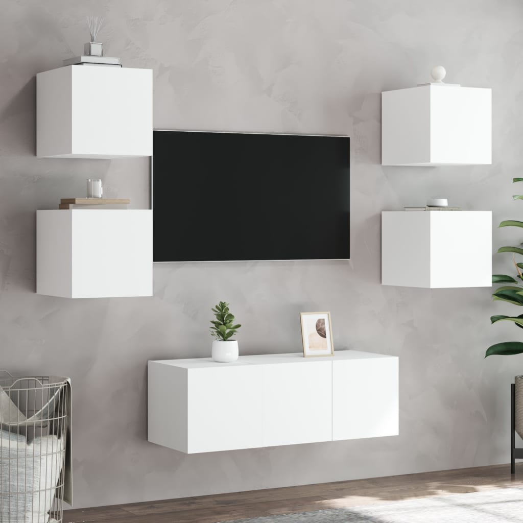 Unités murales TV avec LED 6 pcs blanc bois d'ingénierie Meubles TV vidaXL   