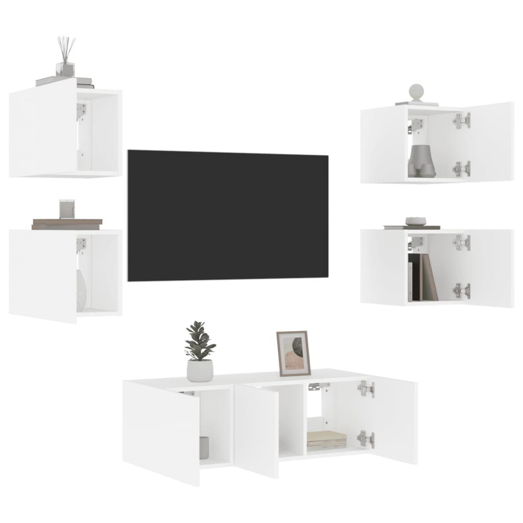 Unités murales TV avec LED 6 pcs blanc bois d'ingénierie Meubles TV vidaXL   