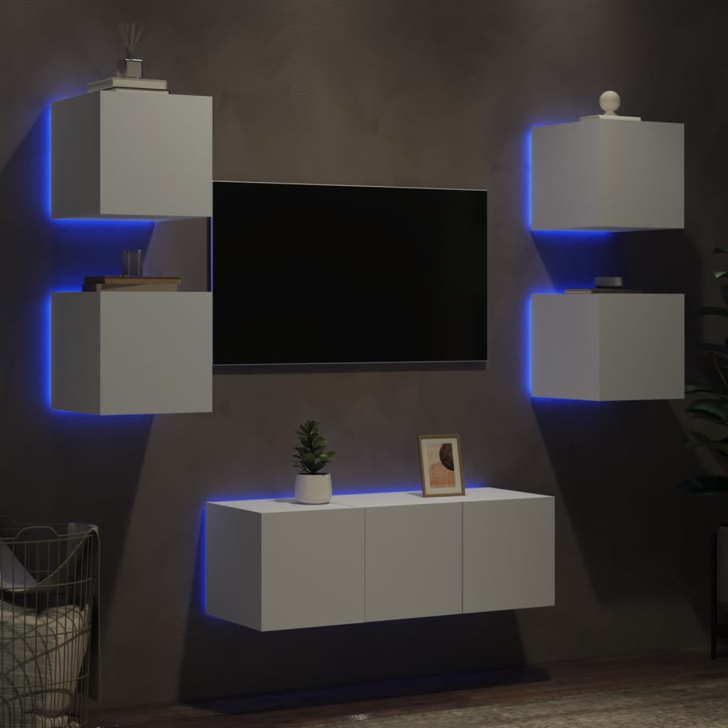 Unités murales TV avec LED 6 pcs blanc bois d'ingénierie - Xios Store SNC