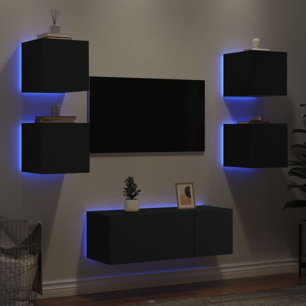 Unités murales TV avec LED 6 pcs noir bois d'ingénierie - Xios Store SNC