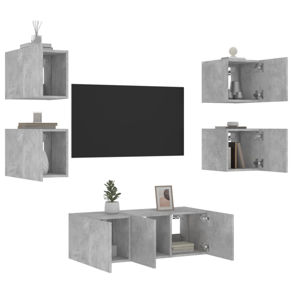 Unités murales TV avec LED 6 pcs gris béton bois d'ingénierie Meubles TV vidaXL   