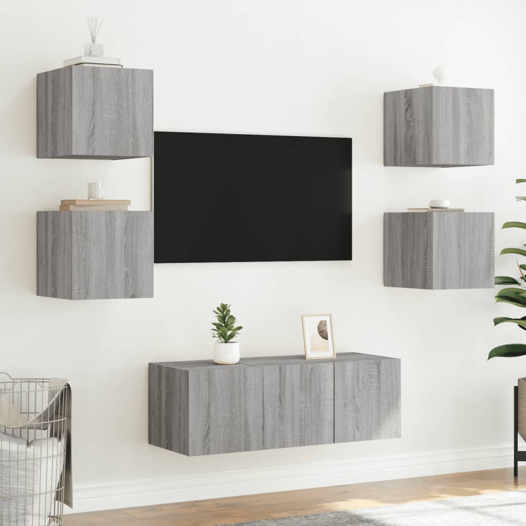 Unités murales TV avec LED 6 pcs gris sonoma bois d'ingénierie Meubles TV vidaXL   