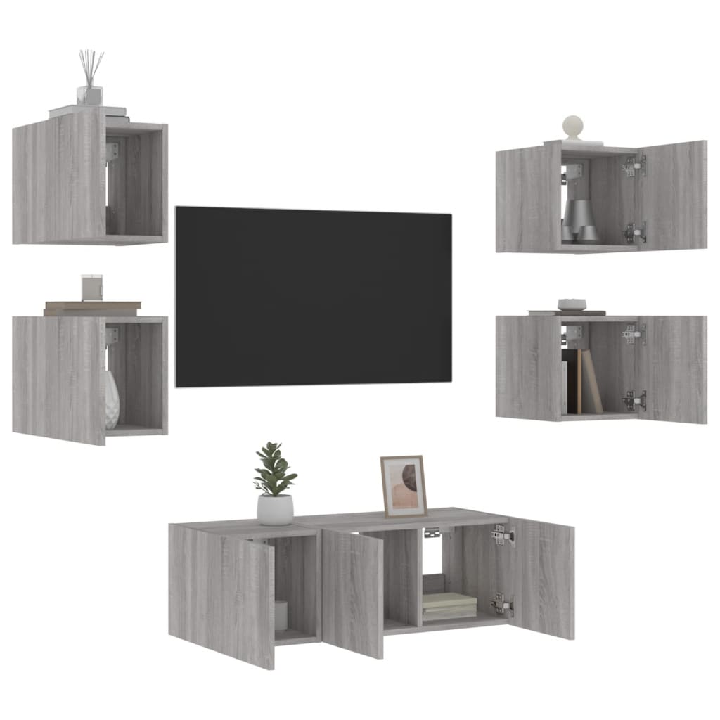 Unités murales TV avec LED 6 pcs gris sonoma bois d'ingénierie Meubles TV vidaXL   