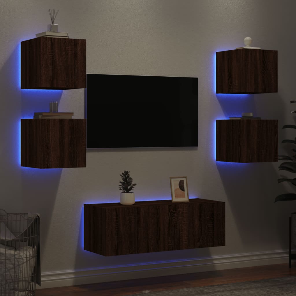 Unités murales TV avec LED 6 pcs chêne marron bois d'ingénierie - Xios Store SNC