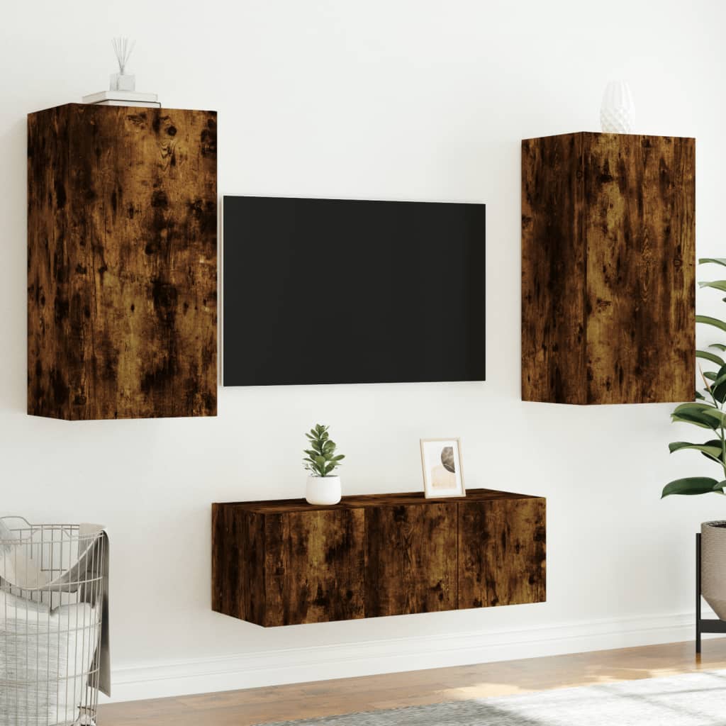 Unités murales TV avec LED 4 pcs chêne fumé bois d'ingénierie Meubles TV vidaXL   