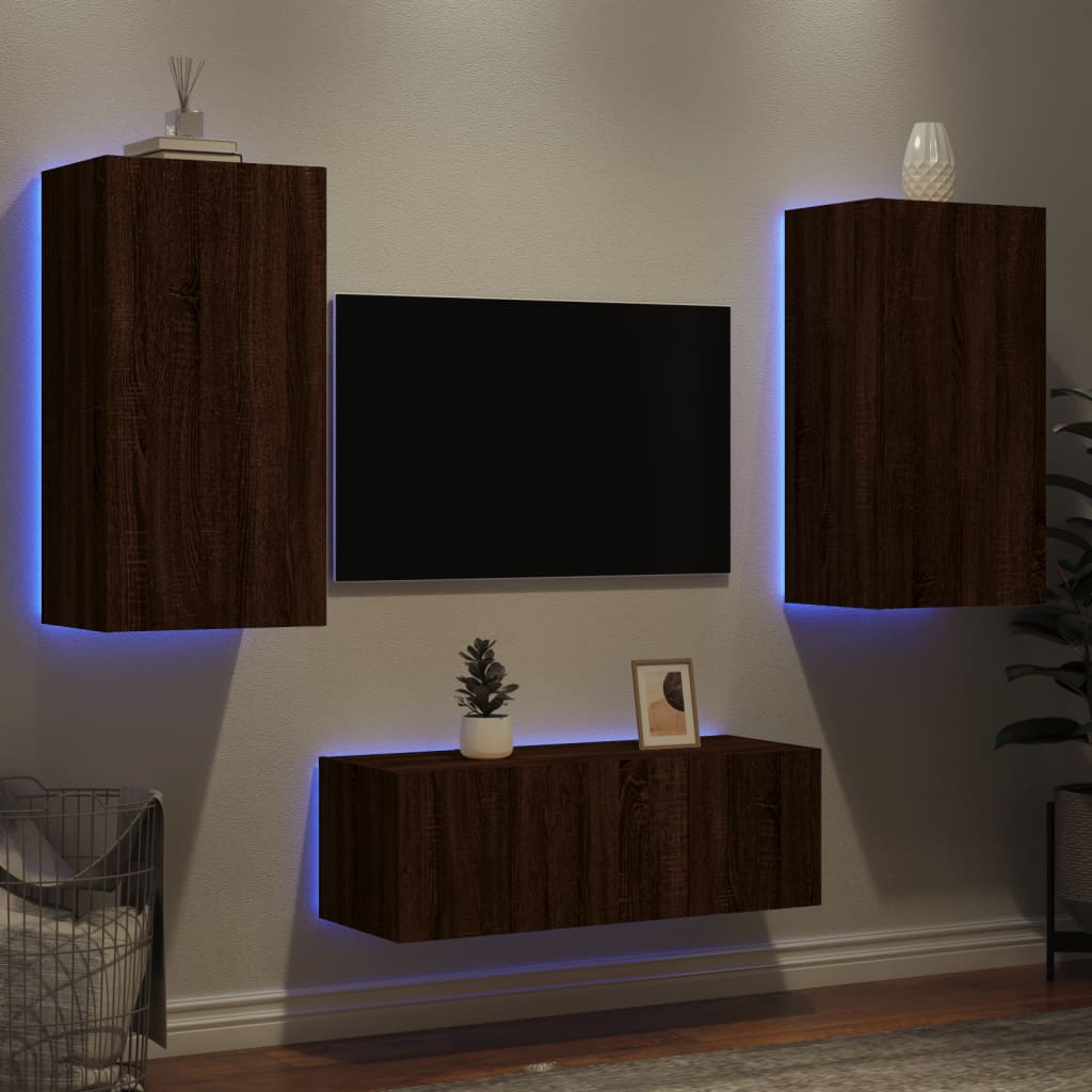 Unités murales TV avec LED 4 pcs chêne marron bois d'ingénierie - Xios Store SNC