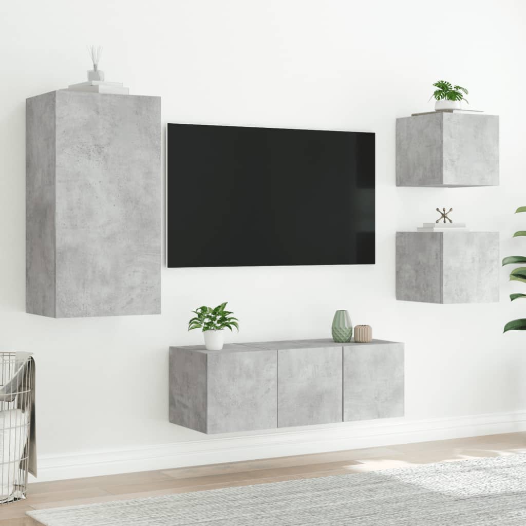 Unités murales TV avec LED 5 pcs gris béton bois d'ingénierie - Xios Store SNC