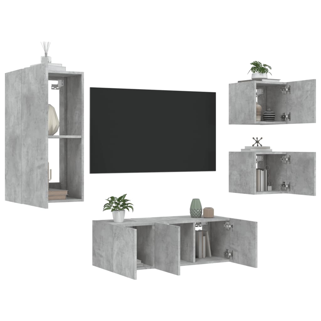 Unités murales TV avec LED 5 pcs gris béton bois d'ingénierie - Xios Store SNC