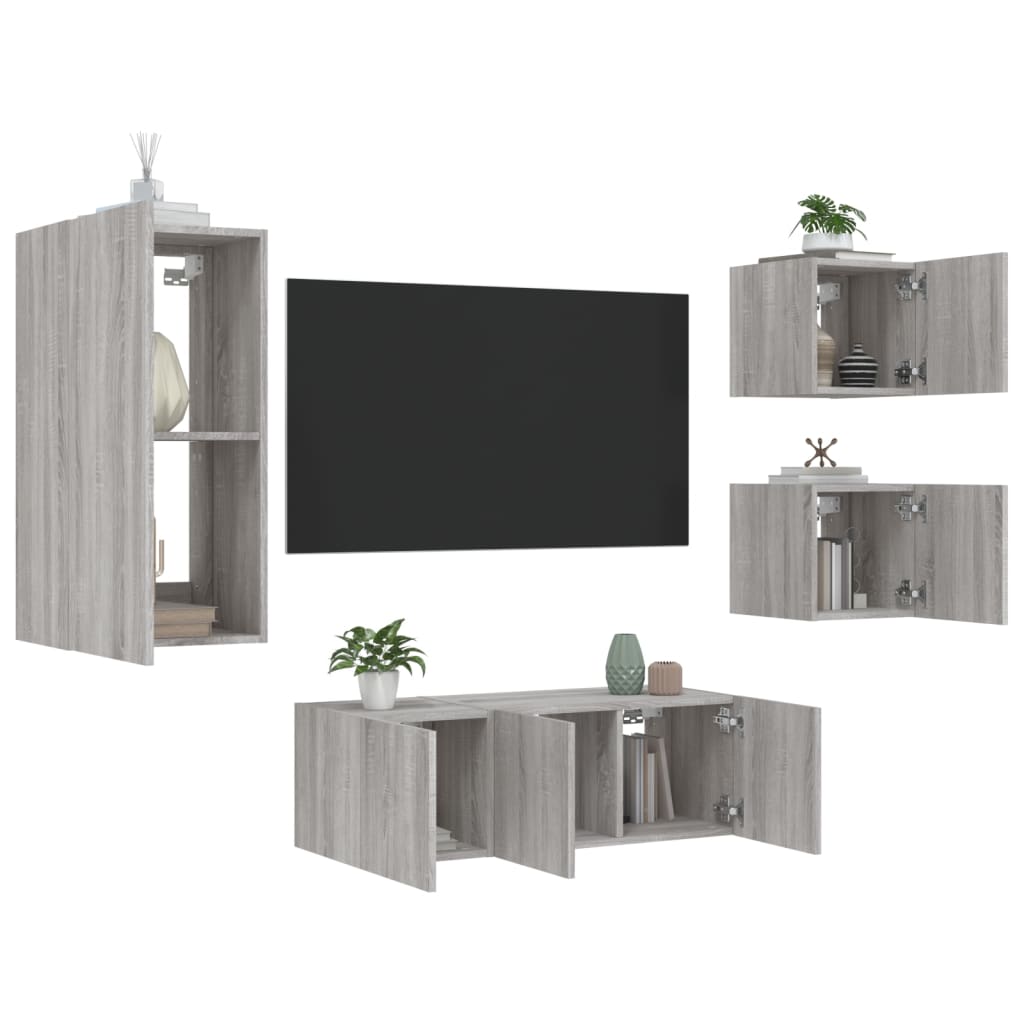 Unités murales TV avec LED 5 pcs gris sonoma bois d'ingénierie - Xios Store SNC