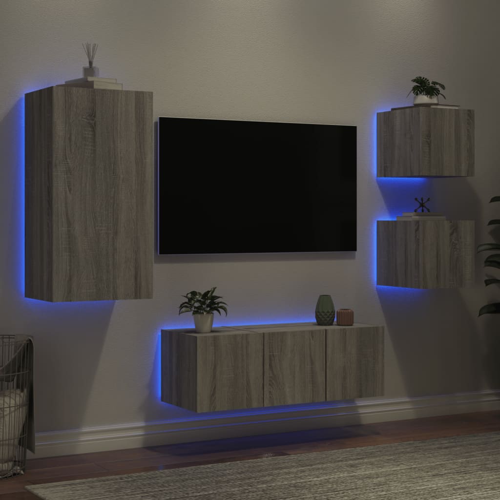 Unités murales TV avec LED 5 pcs gris sonoma bois d'ingénierie - Xios Store SNC