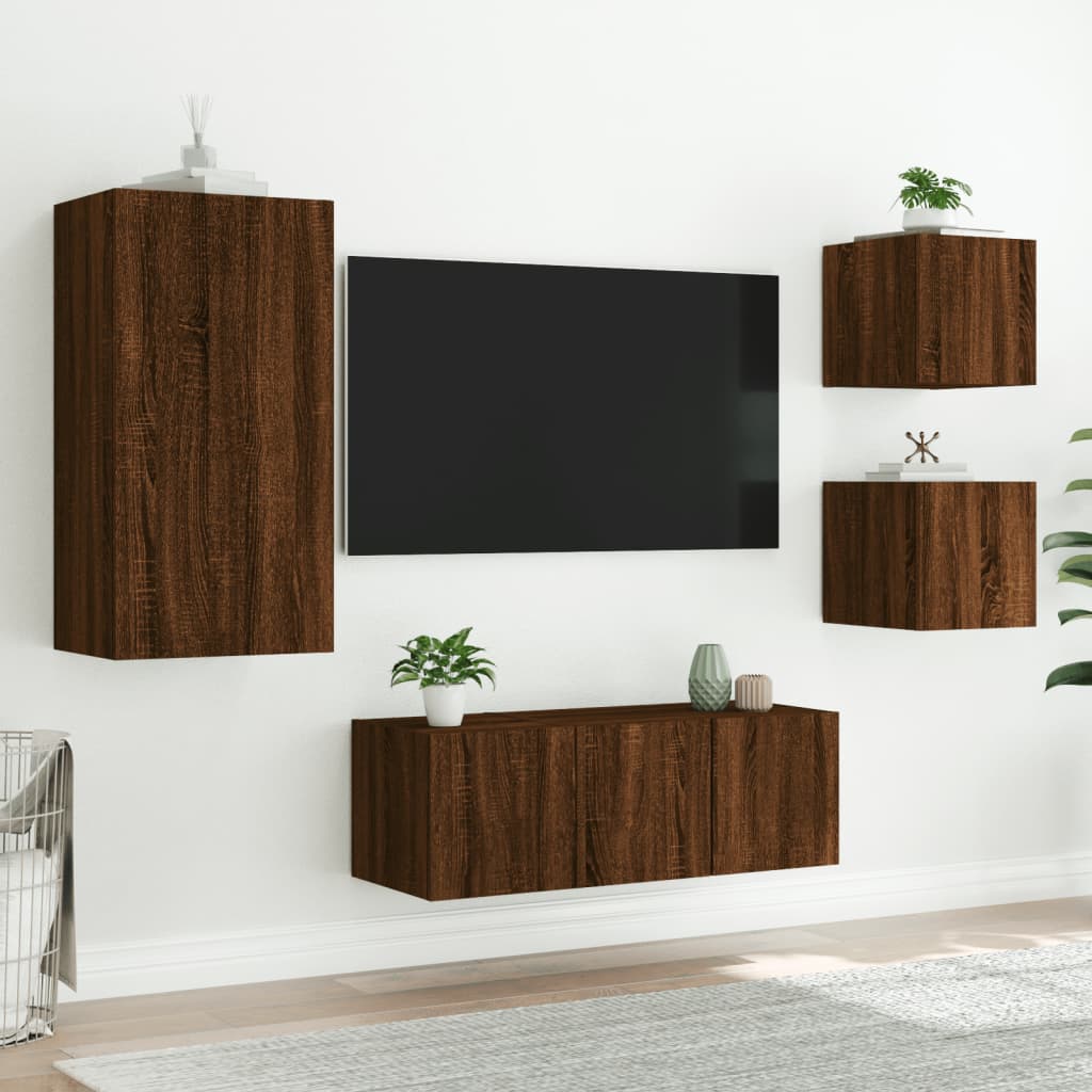 Unités murales TV avec LED 5 pcs chêne marron bois d'ingénierie - Xios Store SNC