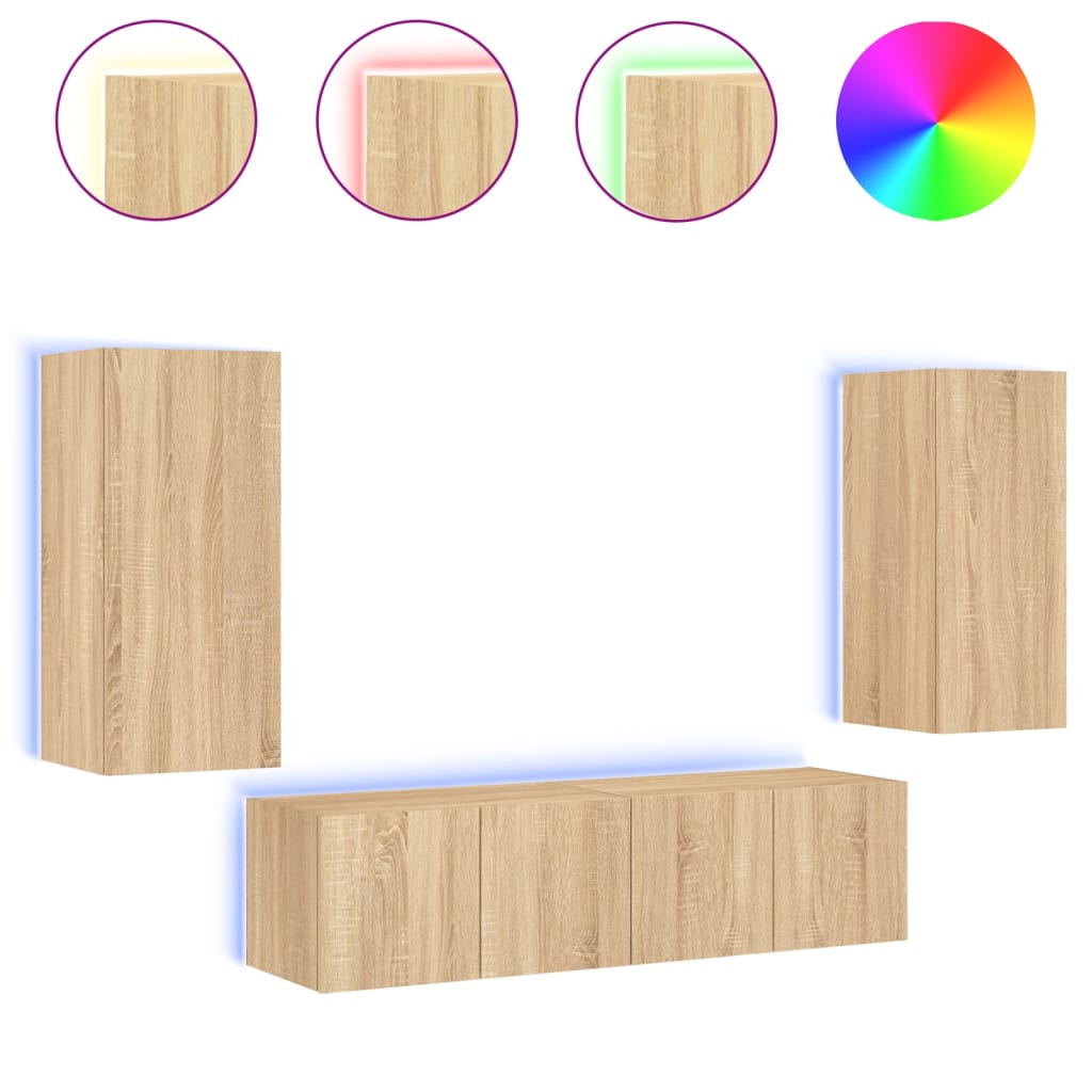 Unités murales TV avec LED 4 pcs chêne sonoma bois d'ingénierie - Xios Store SNC