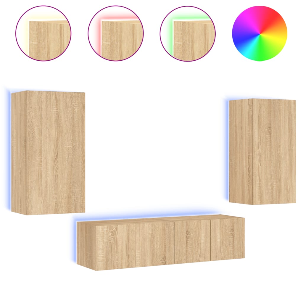 Unités murales TV avec LED 4 pcs chêne sonoma bois d'ingénierie - Xios Store SNC