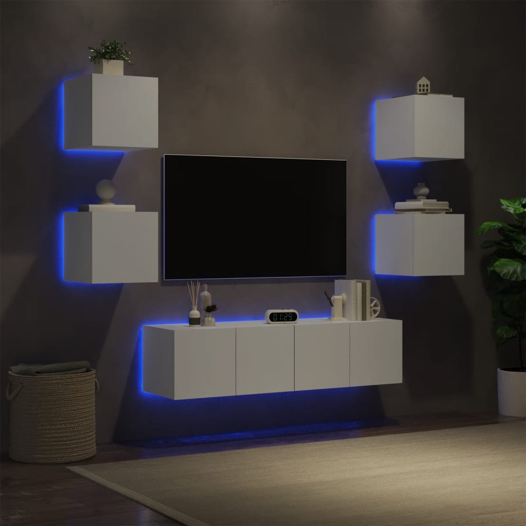 Unités murales TV avec LED 6 pcs blanc bois d'ingénierie - Xios Store SNC