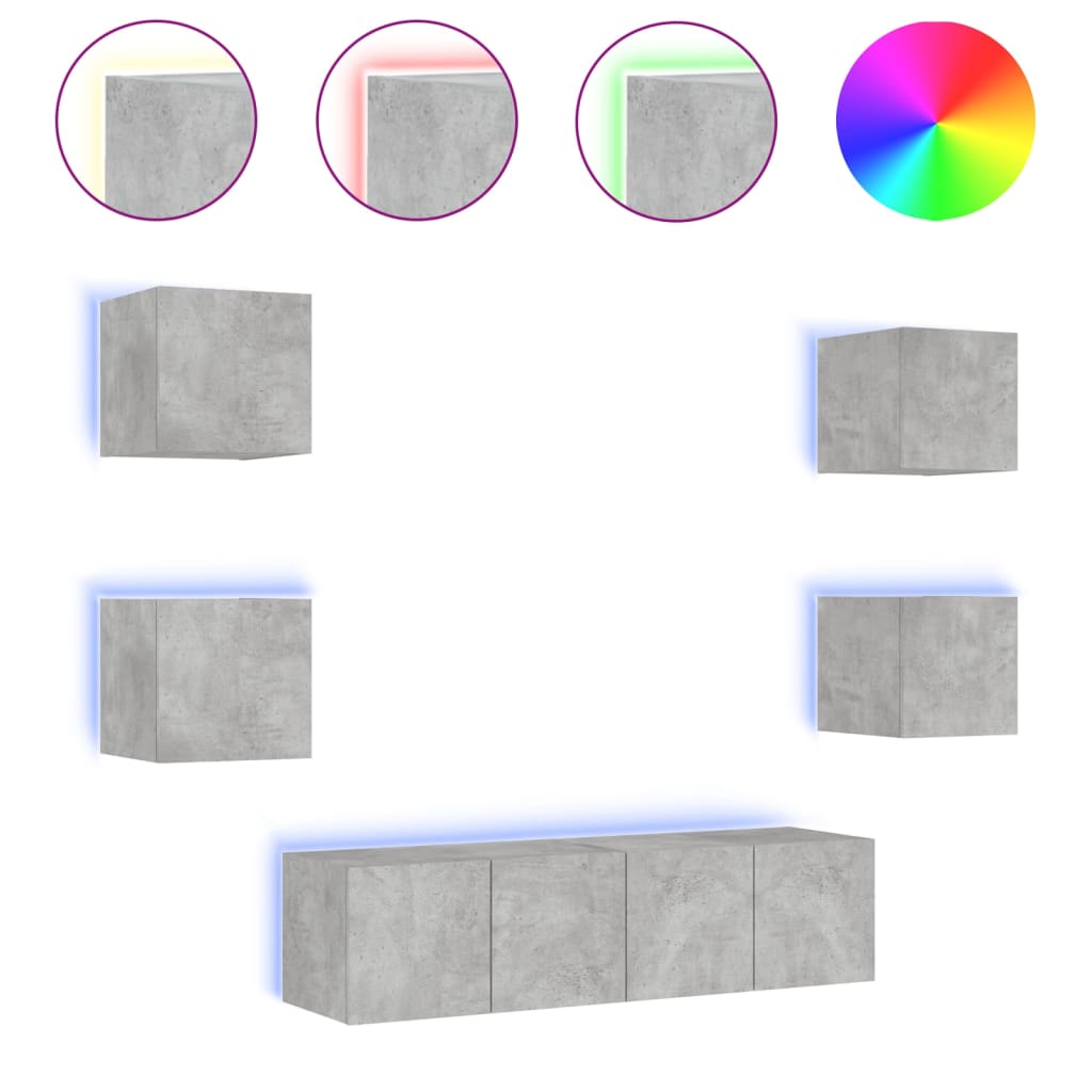 Unités murales TV avec LED 6 pcs gris béton bois d'ingénierie - Xios Store SNC