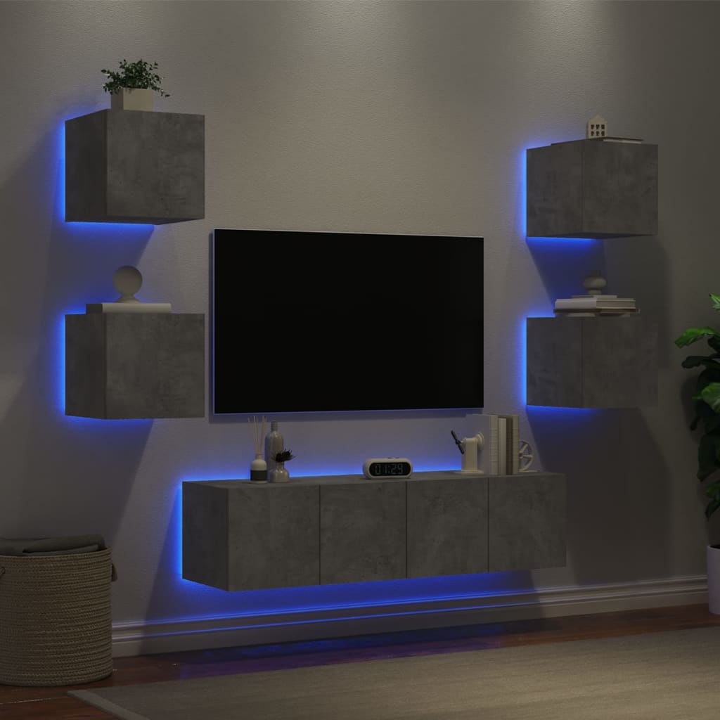 Unités murales TV avec LED 6 pcs gris béton bois d'ingénierie - Xios Store SNC