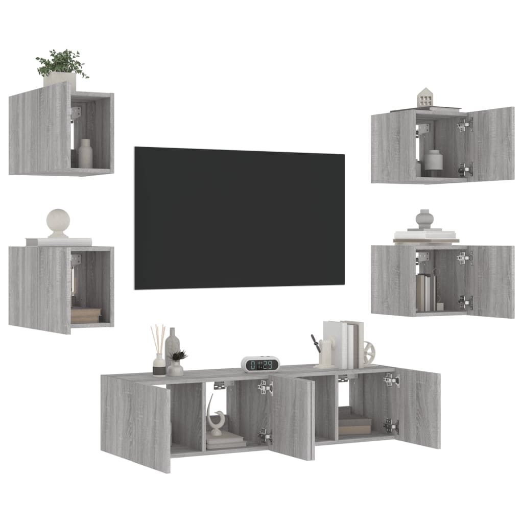 Unités murales TV avec LED 6 pcs gris sonoma bois d'ingénierie Meubles TV vidaXL   