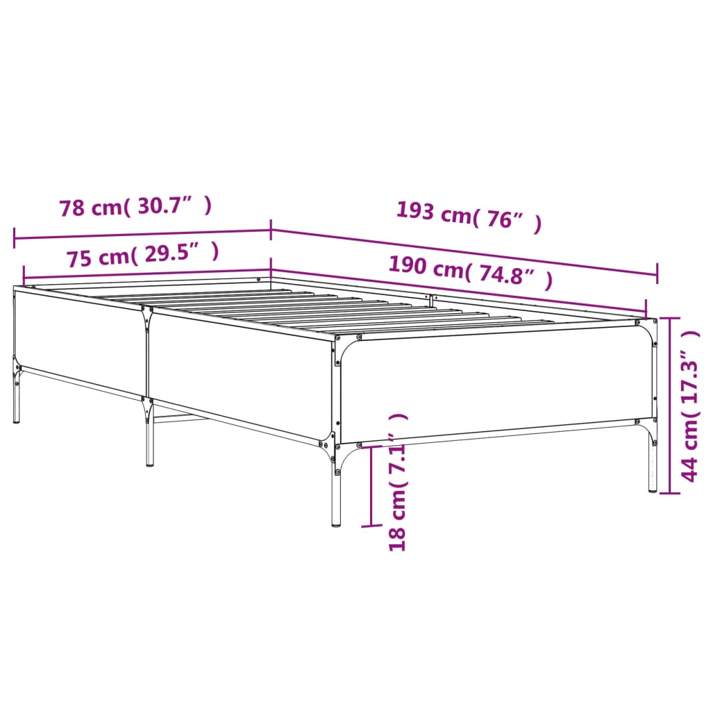 Cadre de lit chêne sonoma 75x190 cm bois d'ingénierie et métal Lits & cadres de lit vidaXL   