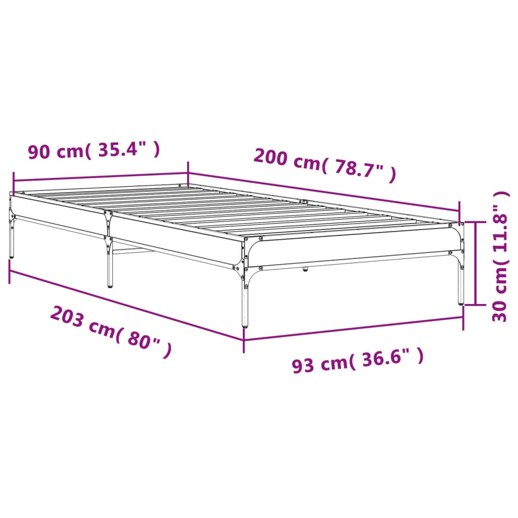 Cadre de lit chêne fumé 90x200 cm bois d'ingénierie et métal Lits & cadres de lit vidaXL   