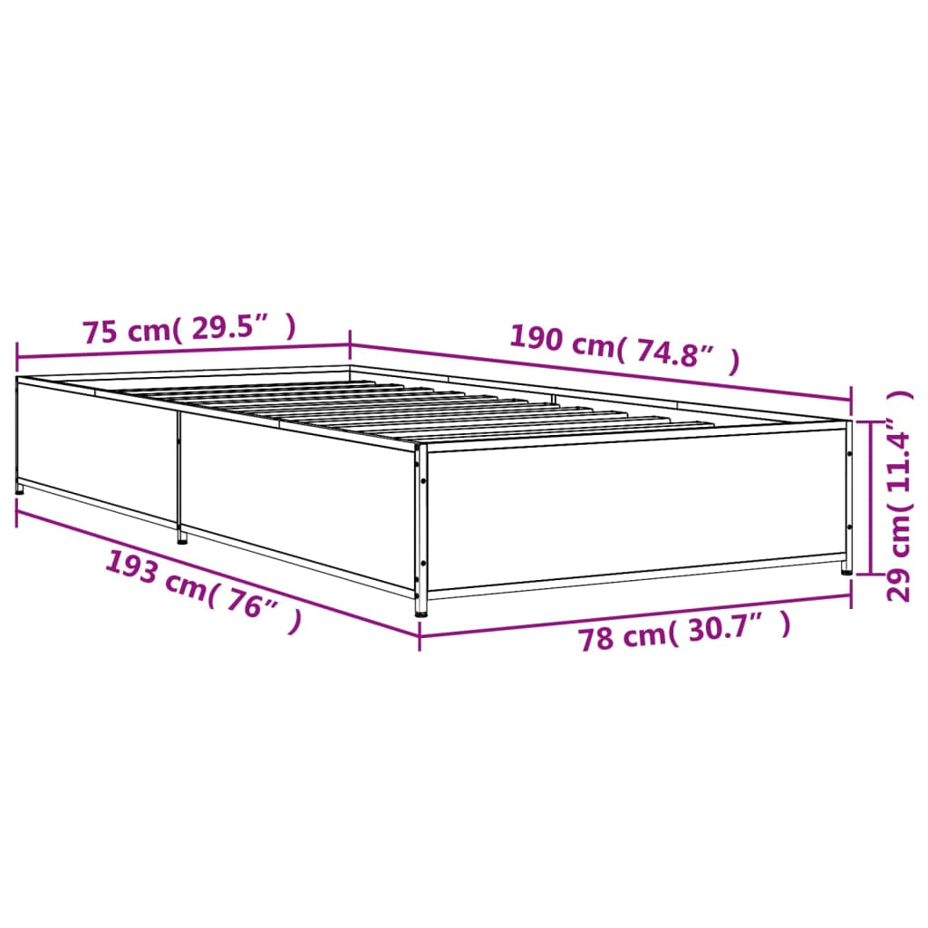 Cadre de lit chêne fumé 75x190 cm bois d'ingénierie et métal Lits & cadres de lit vidaXL   