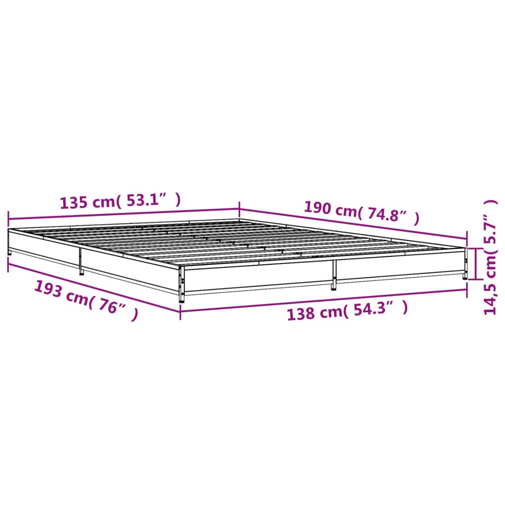 Cadre de lit chêne marron 135x190 cm bois d'ingénierie et métal Lits & cadres de lit vidaXL   