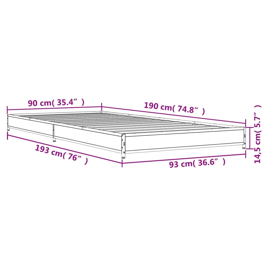 Cadre de lit chêne fumé 90x190 cm bois d'ingénierie et métal Lits & cadres de lit vidaXL   