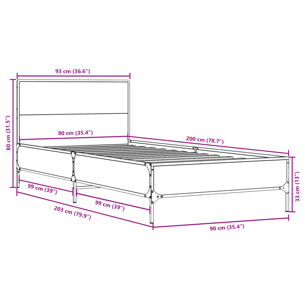 Cadre de lit chêne fumé 90x200 cm bois d'ingénierie et métal Lits & cadres de lit vidaXL   