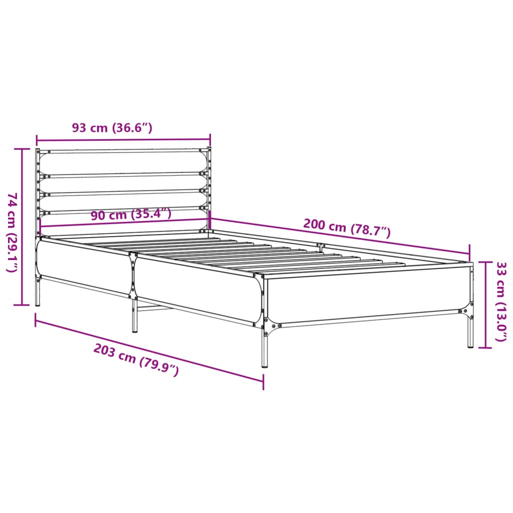 Cadre de lit chêne sonoma 90x200 cm bois d'ingénierie et métal Lits & cadres de lit vidaXL   