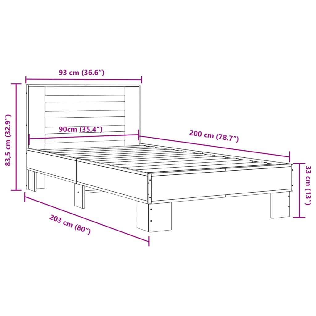 Cadre de lit chêne marron 90x200 cm bois d'ingénierie et métal Lits & cadres de lit vidaXL   