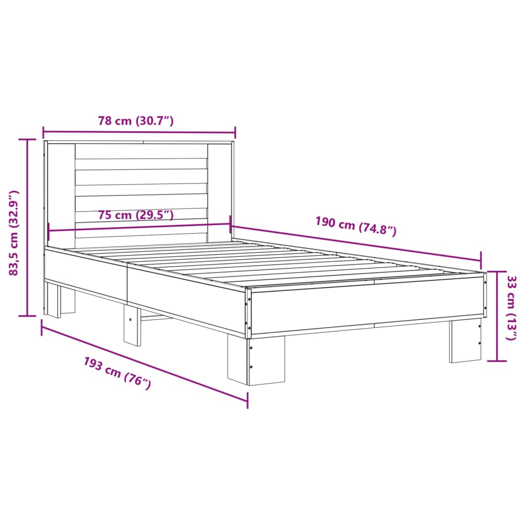 Cadre de lit chêne marron 75x190 cm bois d'ingénierie et métal Lits & cadres de lit vidaXL   