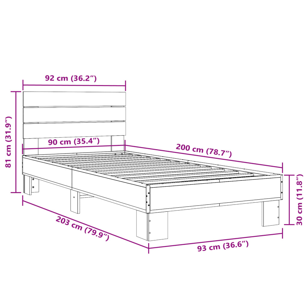 Cadre de lit chêne fumé 90x200 cm bois d'ingénierie et métal Lits & cadres de lit vidaXL   