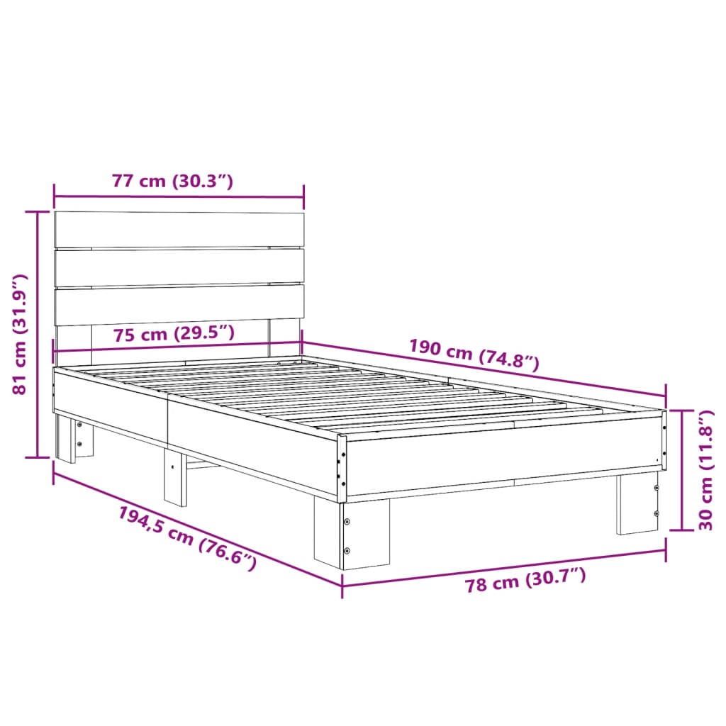 Cadre de lit chêne sonoma 75x190 cm bois d'ingénierie et métal Lits & cadres de lit vidaXL   