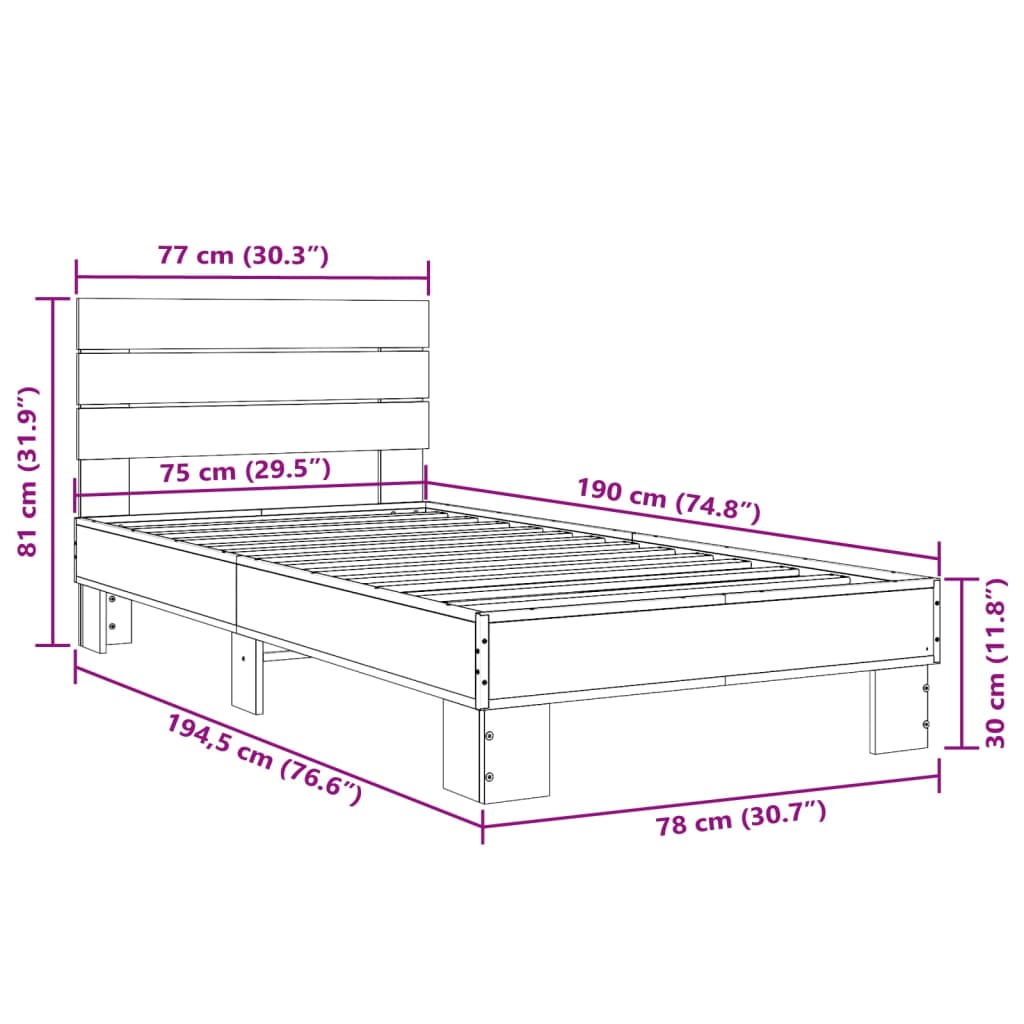 Cadre de lit chêne fumé 75x190 cm bois d'ingénierie et métal Lits & cadres de lit vidaXL   