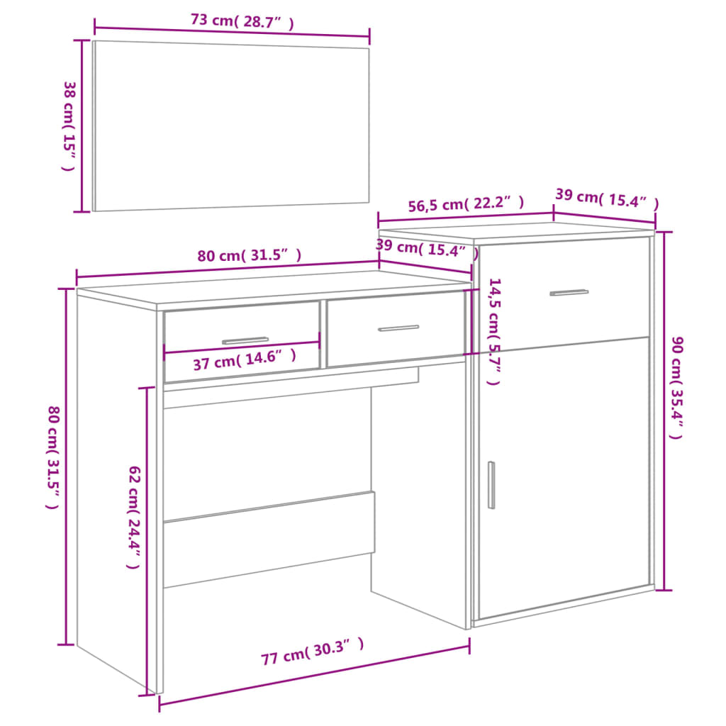 Ensemble de coiffeuse 3 pcs chêne sonoma bois d'ingénierie - Xios Store SNC