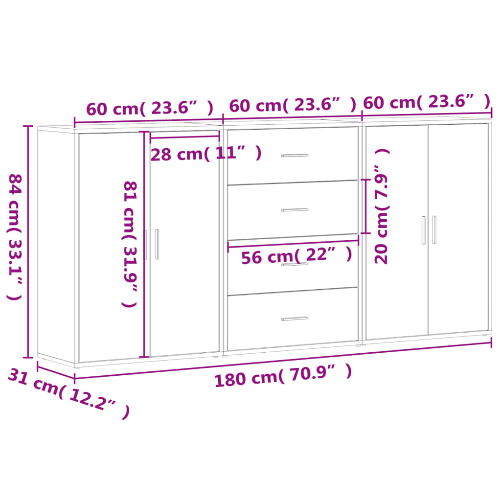 Image Buffets 3 pcs noir 60x31x84 cm bois d'ingénierie | Xios Store SNC vidaXL Xios Store SNC