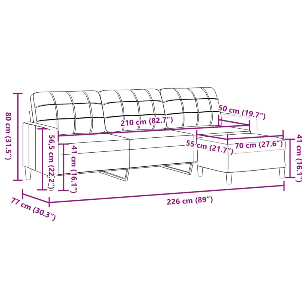 Canapé à 3 places avec repose-pieds Rouge bordeaux 210 cm Tissu Canapés vidaXL   