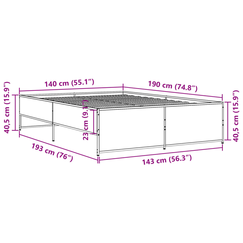 Cadre de lit chêne fumé 140x190 cm bois d'ingénierie et métal Lits & cadres de lit vidaXL   