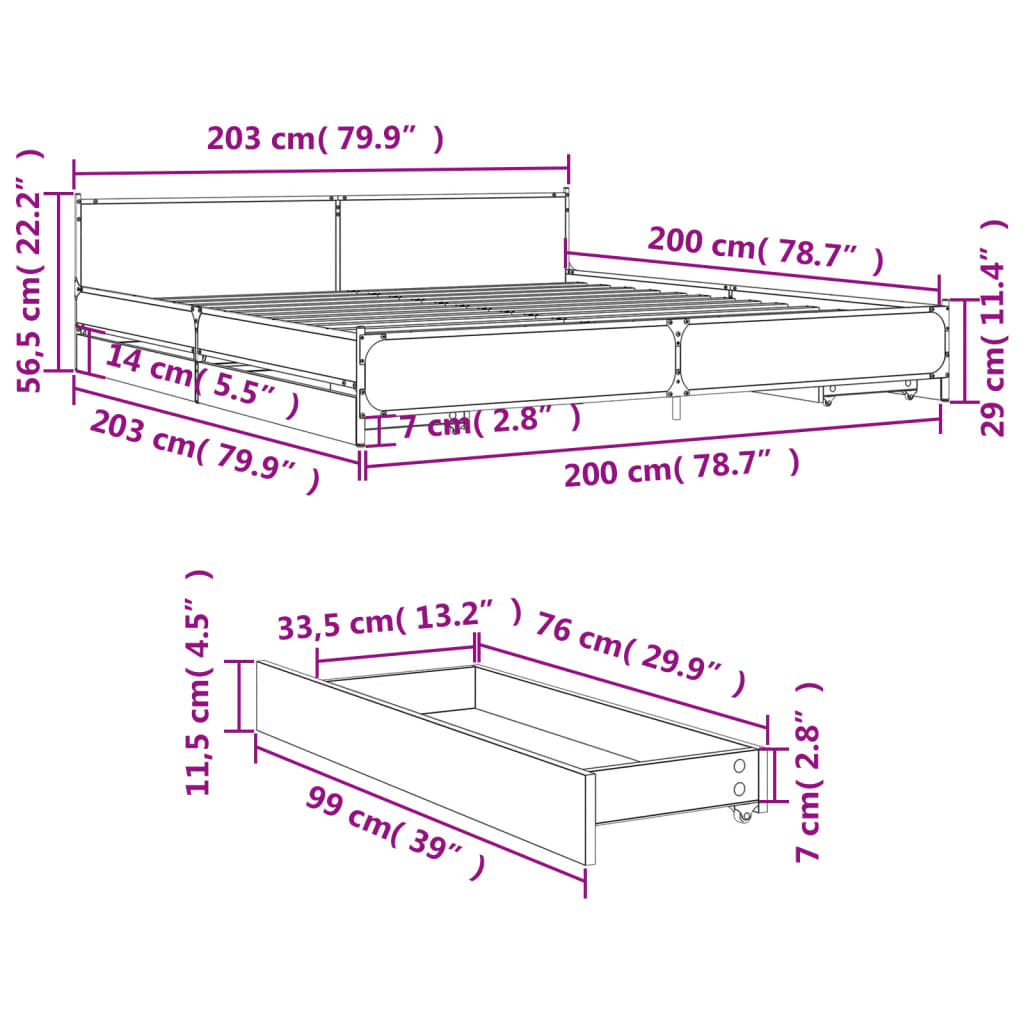 Cadre de lit et tiroirs sonoma gris 200x200cm bois d'ingénierie Lits & cadres de lit vidaXL   