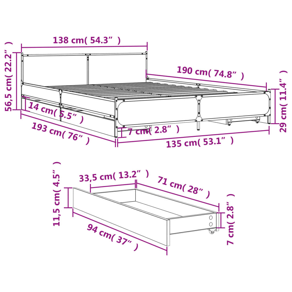 Cadre de lit et tiroirs sonoma gris 135x190 cm bois ingénierie Lits & cadres de lit vidaXL   