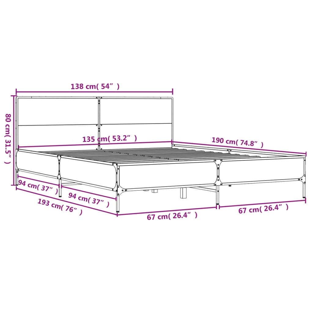 Cadre de lit chêne fumé 135x190 cm bois d'ingénierie et métal Lits & cadres de lit vidaXL   