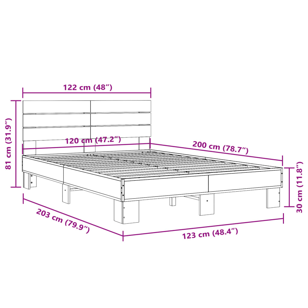 Cadre de lit chêne marron 120x200 cm bois d'ingénierie et métal Lits & cadres de lit vidaXL   