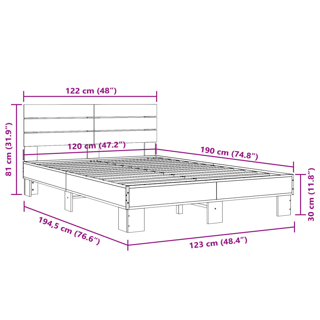 Cadre de lit chêne fumé 120x190 cm bois d'ingénierie et métal Lits & cadres de lit vidaXL   