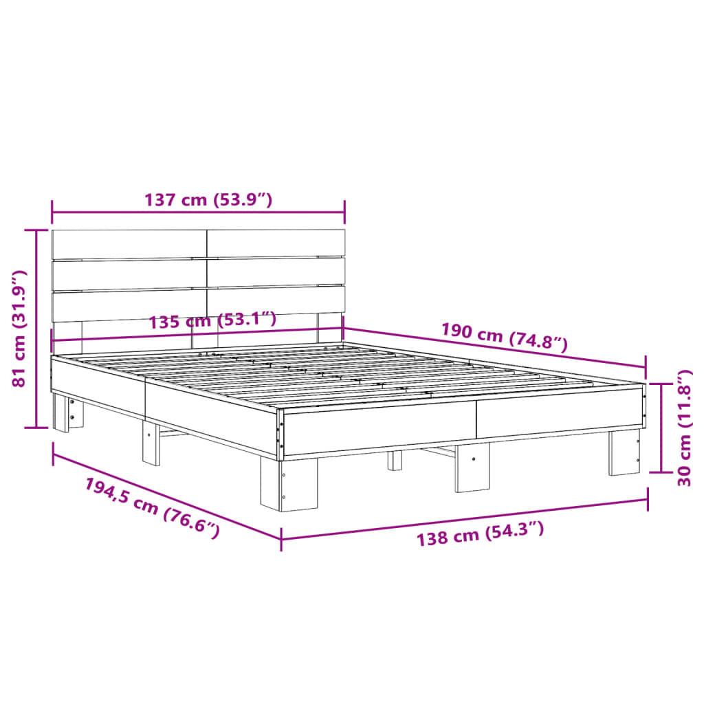 Cadre de lit chêne marron 135x190 cm bois d'ingénierie et métal Lits & cadres de lit vidaXL   