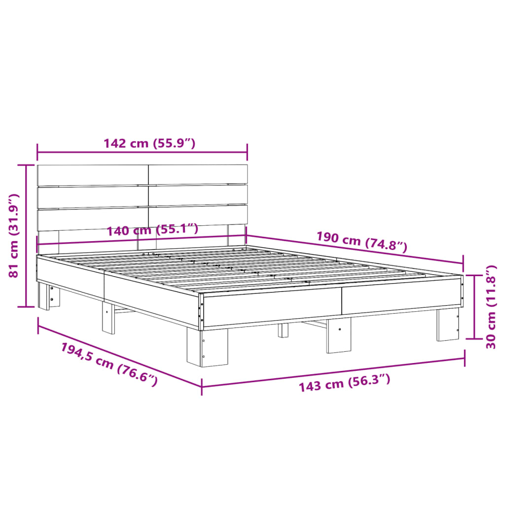 Cadre de lit chêne sonoma 140x190 cm bois d'ingénierie et métal Lits & cadres de lit vidaXL   