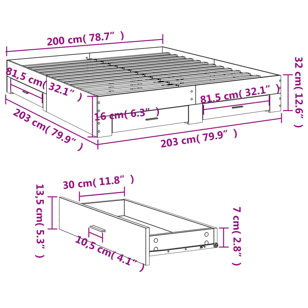 Cadre de lit et tiroirs sonoma gris 200x200cm bois d'ingénierie Lits & cadres de lit vidaXL   