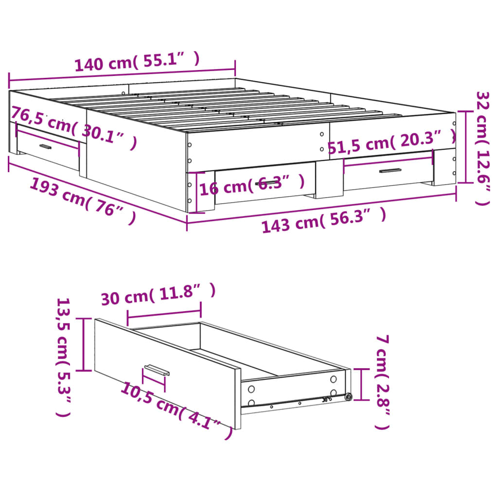 Cadre de lit et tiroirs sonoma gris 140x190 cm bois ingénierie Lits & cadres de lit vidaXL   